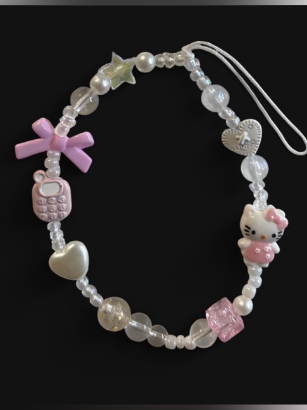 Hello Kitty Beaded Phone Charm Strap Pink Kawaii Bow Pearl Cute Y2K